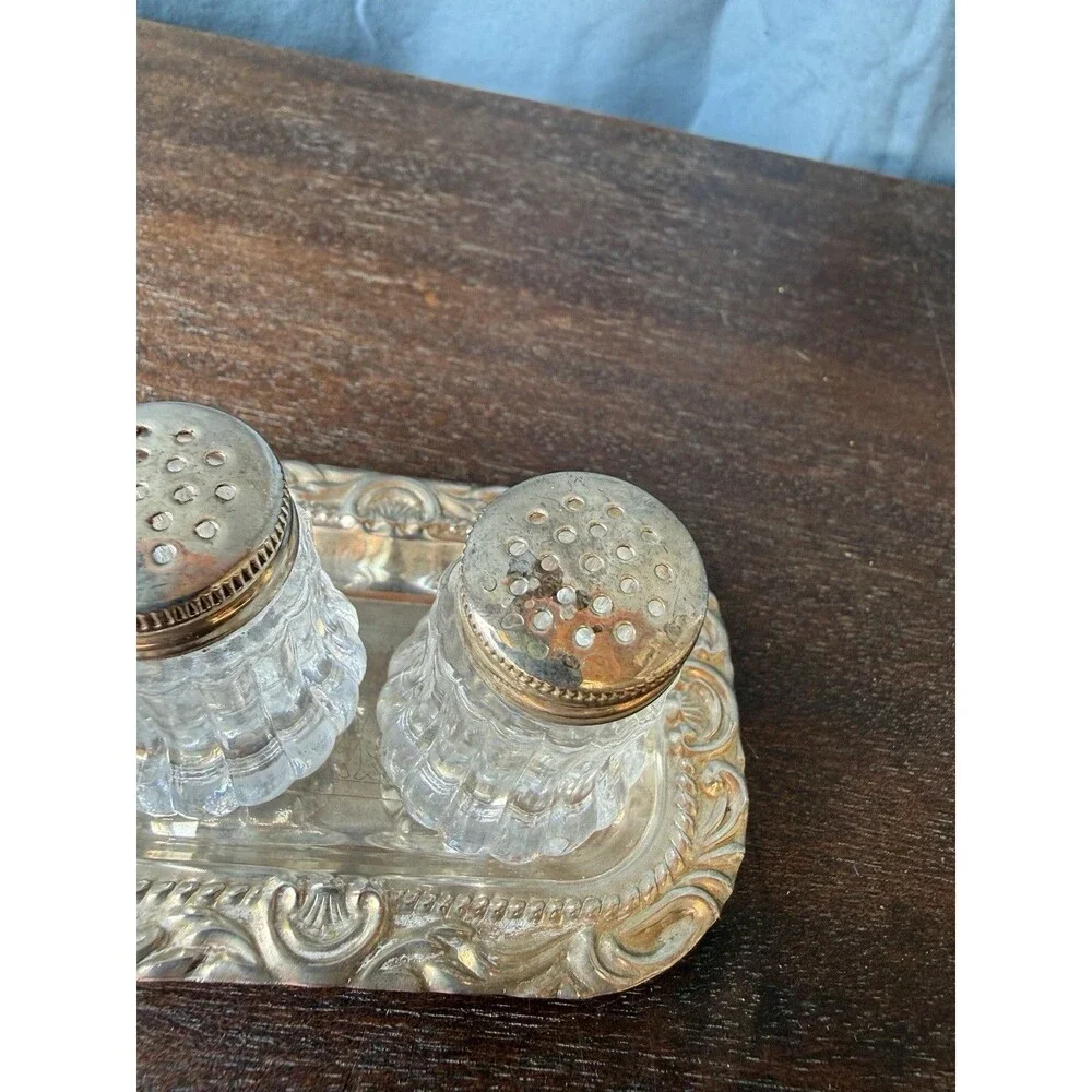 Small Vintage Glass Salt &Pepper Shakers on Silver Plated Tray